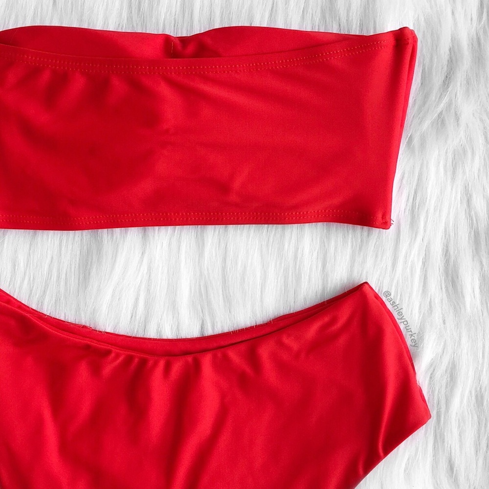 Red high waisted bandeau cheeky bikini set - Picture 4 of 5